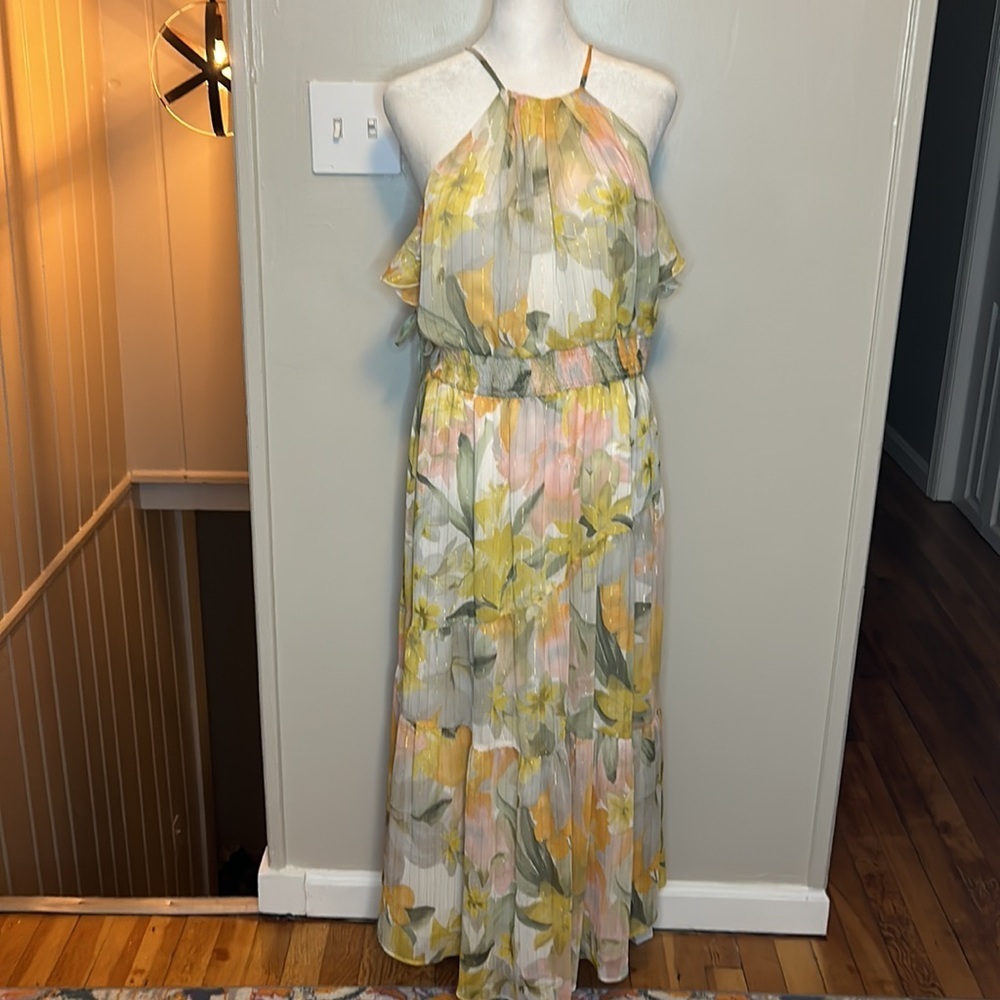 Zara Metallic Thread Floral Print Ruffle Dress NWT Size XL - Picture 12 of 16
